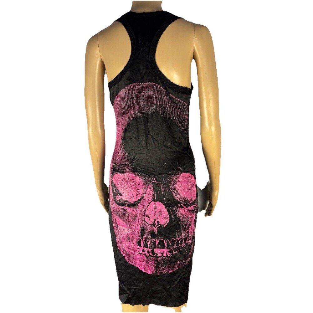 Skull Print Black Ribbed Tank Top Dress Bodycon Silk Stretch Sz S Post Vegas